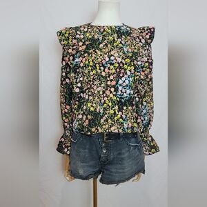 Zara Black Floral Print Blouse With Ruffle Accent, Size Small